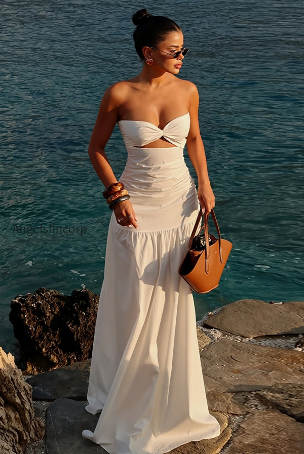 Solid Hollow Bandeau Casual Maxi Dress