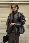 chic-solid-patent-leather-stand-collar-jacket-skirt-two-piece-set