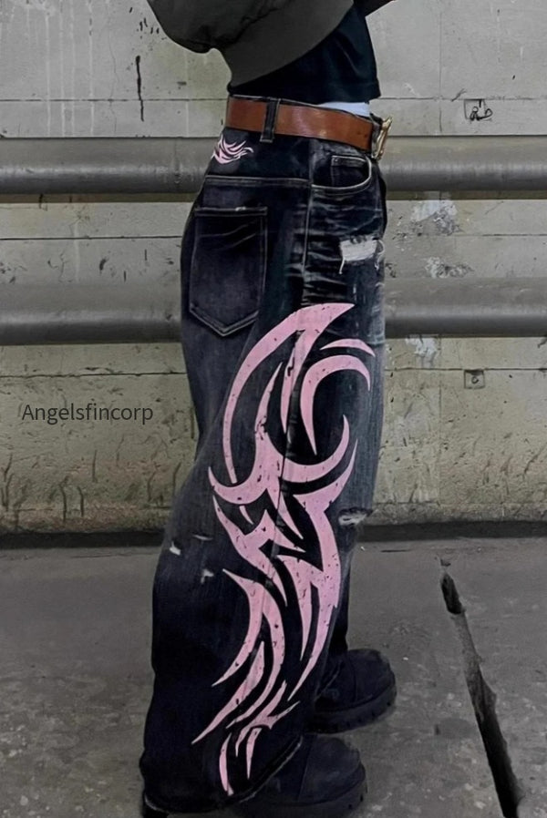 Vintage Printed Washed Distressed Wide Leg Denim Jeans