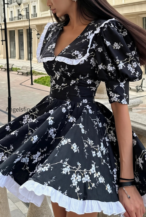 Floral Peter Pan Puff Sleeve Mini Dress