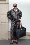 chic-solid-patent-leather-stand-collar-jacket-skirt-two-piece-set